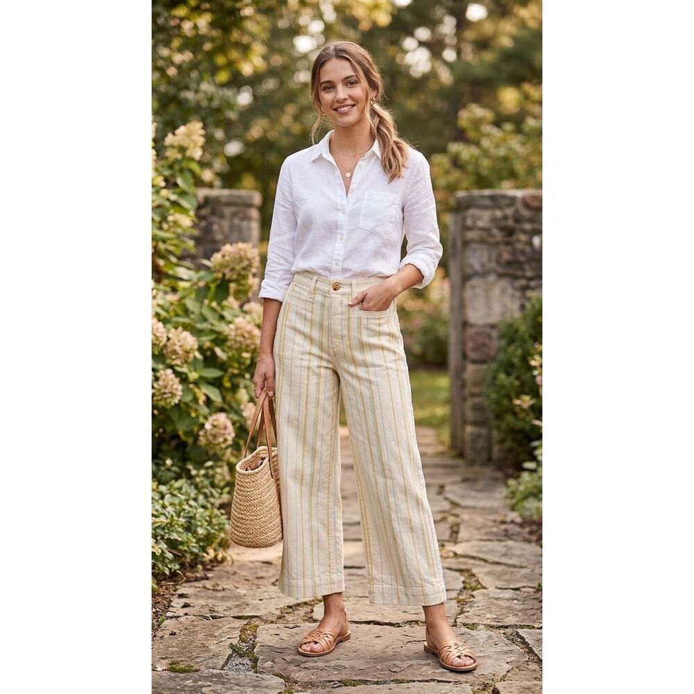 Madewell Emmett Wide-Leg Crop Pants Striped White Yellow Blue Denim Jeans Size 2